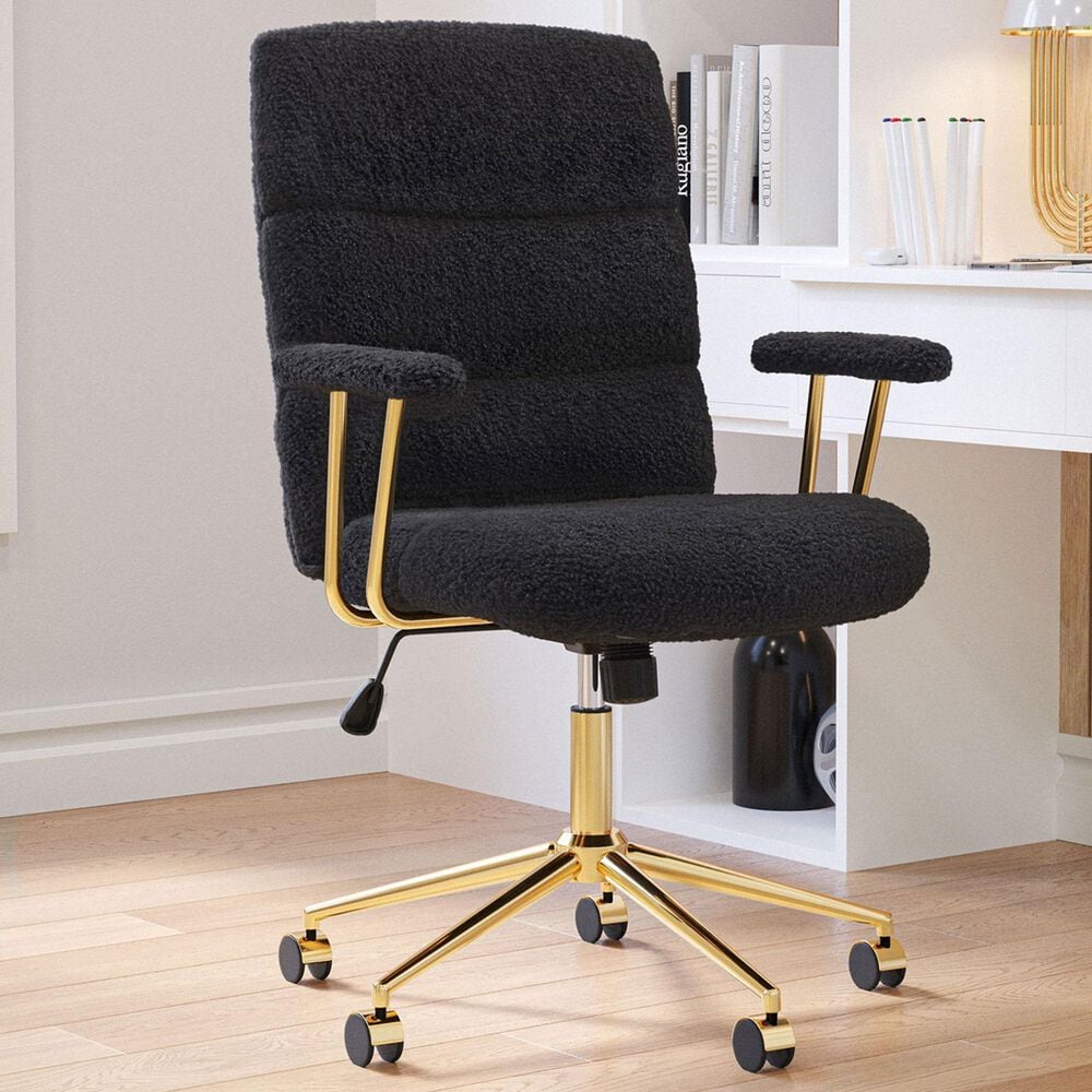 Rta Products Llc Elegant Textured Boucle Office Chair with Padded Arms in Black, , large