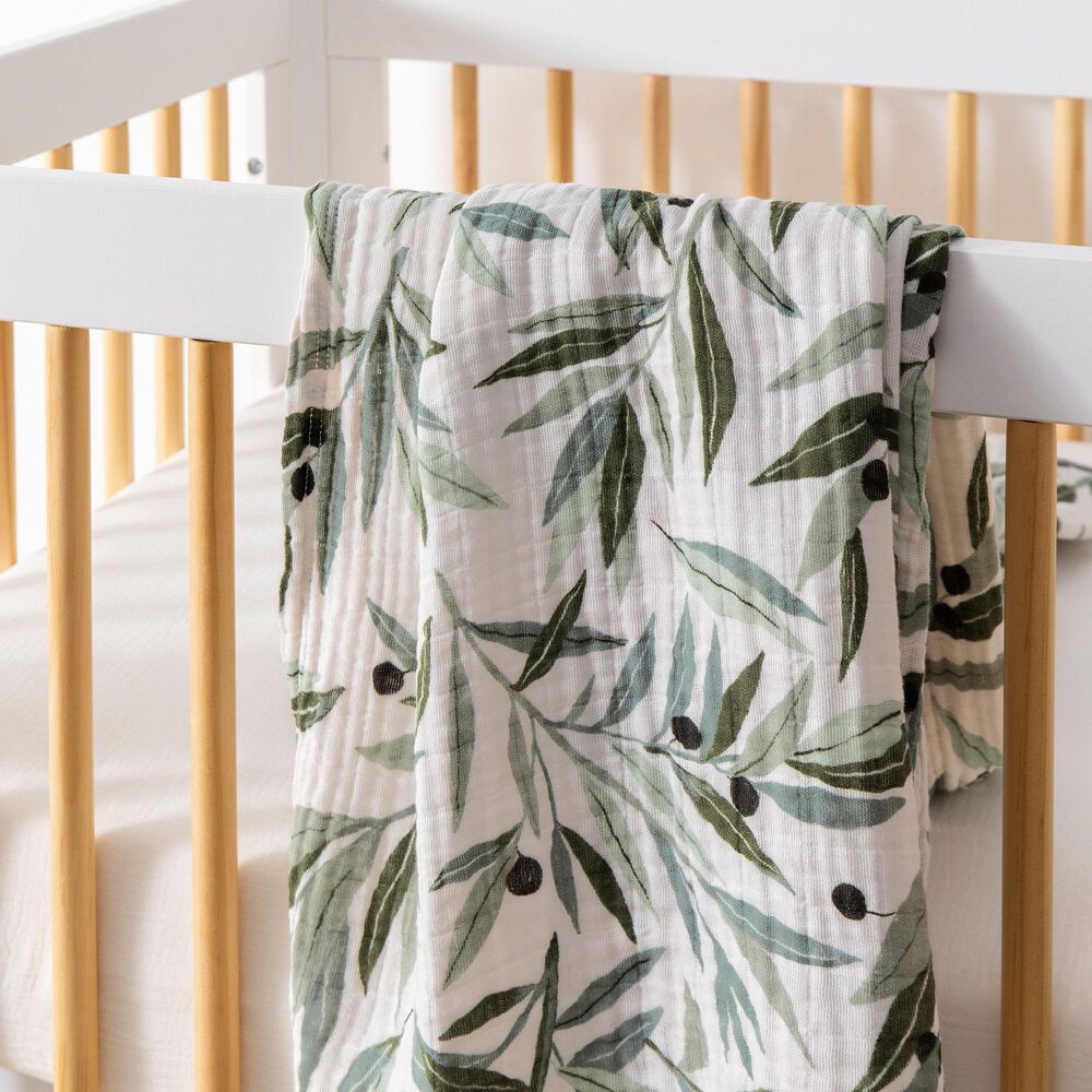 Babyletto Olive Branches Muslin Swaddle in Green and White, , large