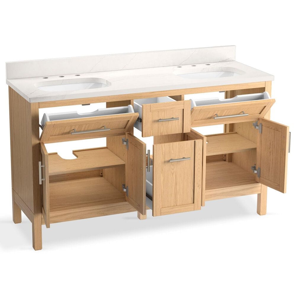 Kohler Hadron 60" Double Bathroom Vanity in Light Oak with 3 cm Bianco Bella Quartz Top and Oval Sinks, , large