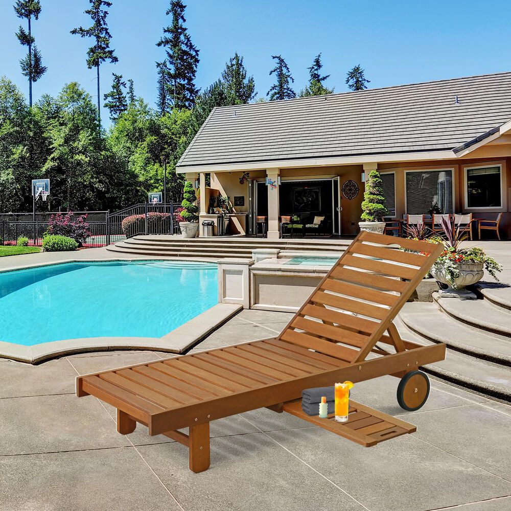 Noviland Patio Lounge Chair Chaise with Side Tray and Wheels in Natural, , large