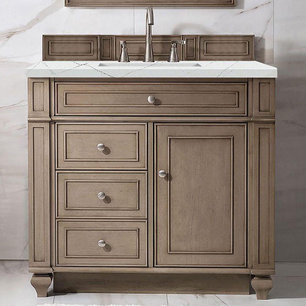 James Martin Vanities Bristol 36&quot; Single Bathroom Vanity in Whitewashed Walnut with 3 cm Ethereal Noctis Quartz Top and Rectangular Sink, , large
