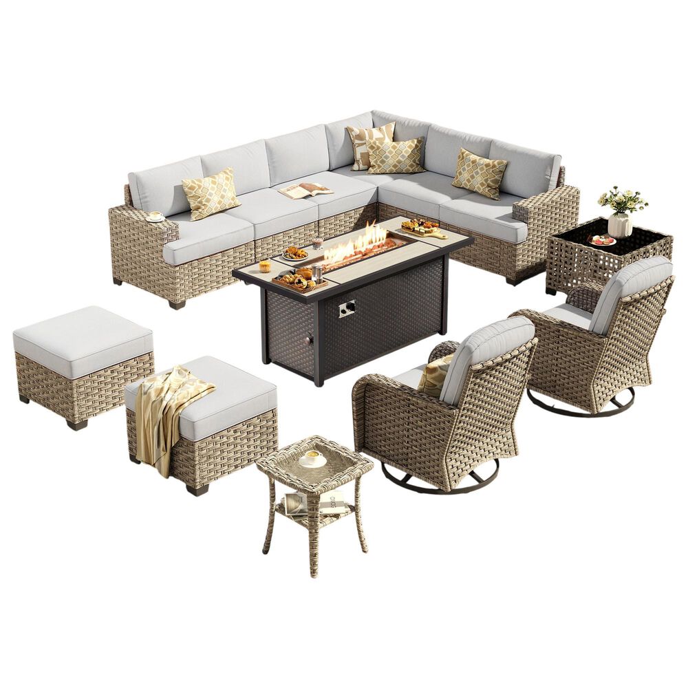 HOMLUX 13-Piece Patio Conversation Set with 54" Fire Pit Table in Light Gray, , large