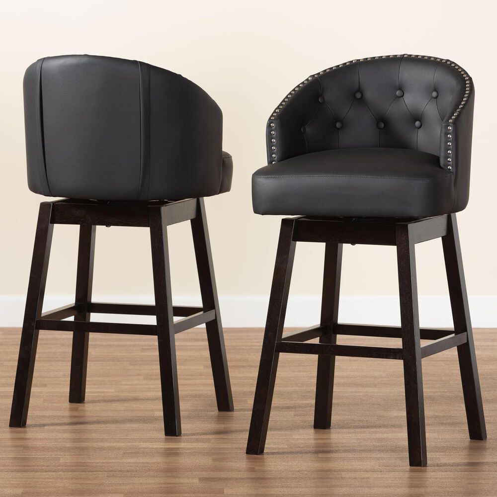 Baxton Studio Avril Swivel Bar Stool with Black Cushion in Dark Espresso Brown (Set of 2), , large
