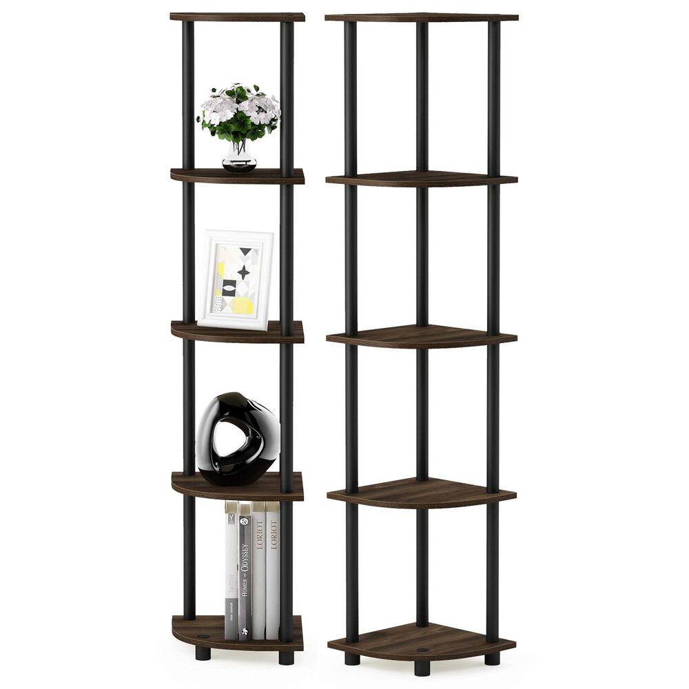 HOMLUX 5-Tier Multi-Purpose Corner Open Bookshelf in Columbia Walnut and Black (Set of 2), , large