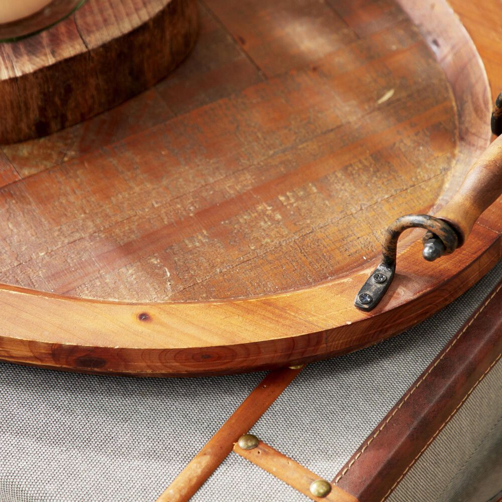 Maple and Jade Oval Tray with Scroll Metal Handles in Oiled Brown, , large