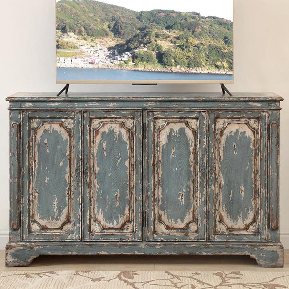 Shell Island Furniture 4-Door 65" Media Credenza in Cabot Aged Blue and Cream , , large