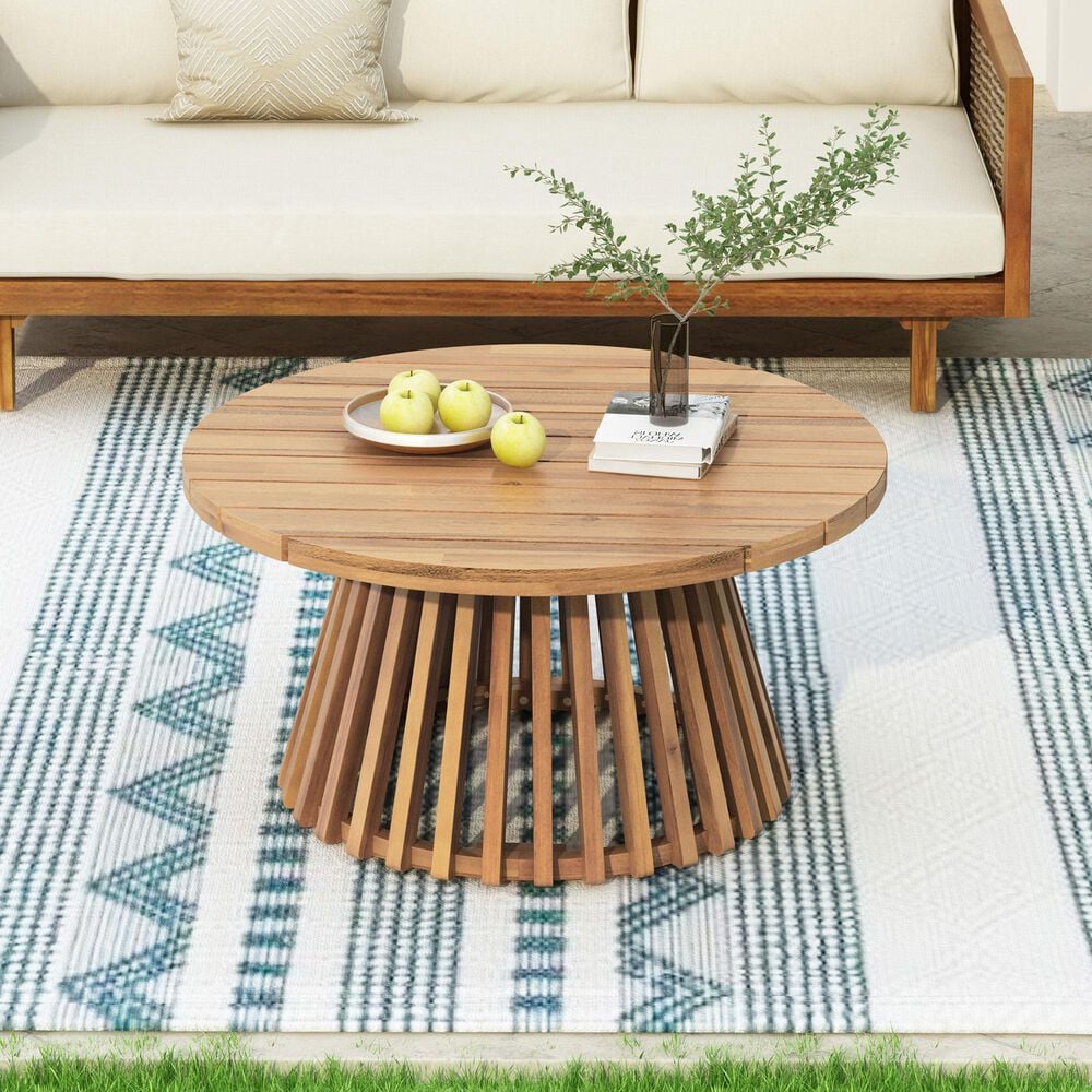 Hearth and Haven Outdoor Round Coffee Table with Slatted Base in Light Teak, , large
