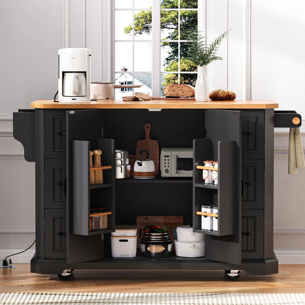 HOMLUX 56" Kitchen Island with Drop Leaf in Black, , large