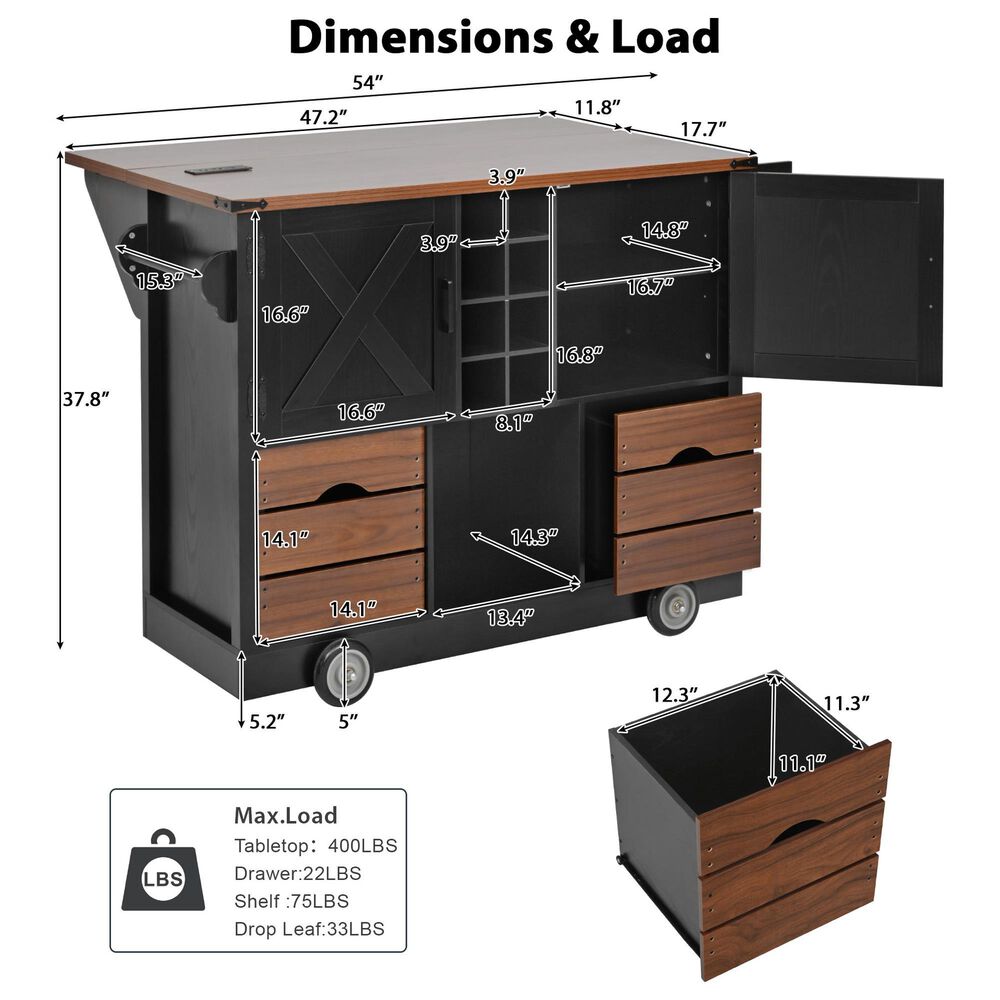 HOMLUX 54" Kitchen Island with Drop Leaf in Black, , large