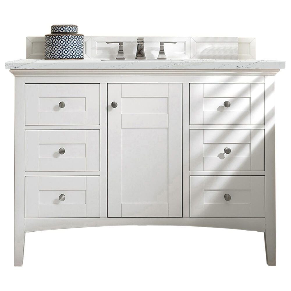 James Martin Vanities Palisades 48" Single Bathroom Vanity in Bright White with 3 cm Ethereal Noctis Quartz Top and Rectangular Sink, , large
