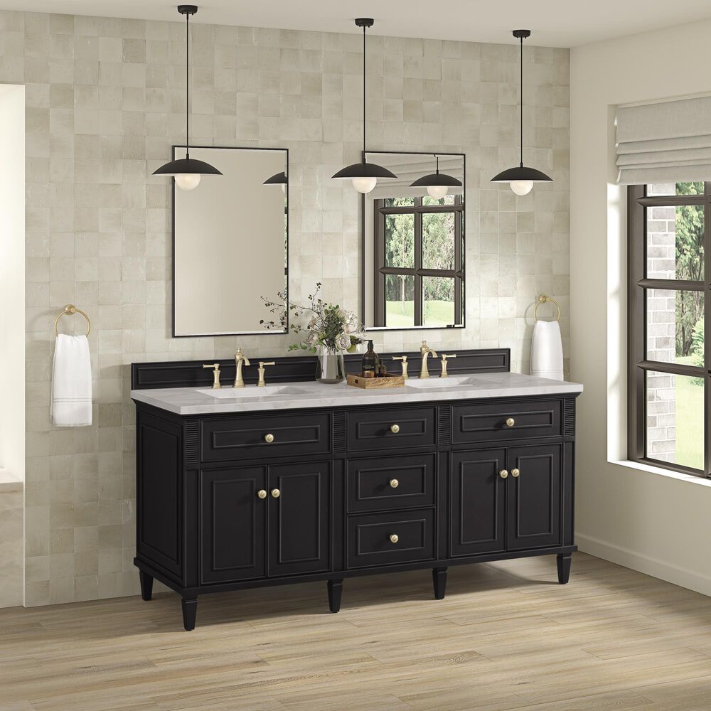 James Martin Vanities Lorelai 72" Double Bathroom Vanity in Black Onyx with 3 cm Eternal Jasmine Pearl Silestone Top, Rectangular Sinks and FreePower Wireless Charger, , large