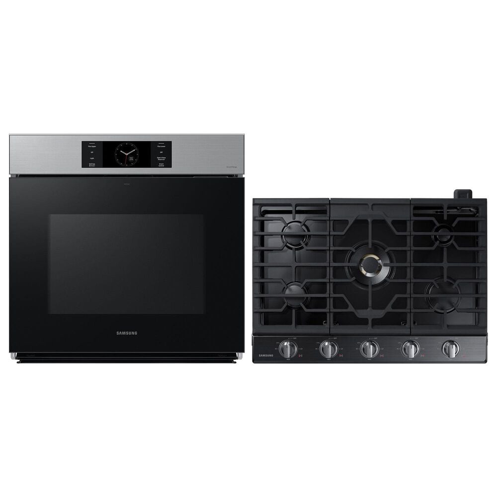 Samsung 2pc Bespoke 30" Single Electric Wall Oven with Convection in Stainless Steel & 30" Gas Cooktop in Black Stainless Steel , , large