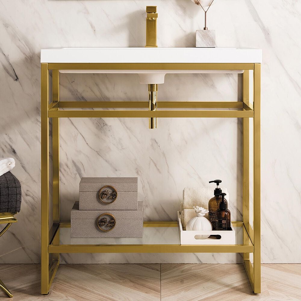 James Martin Vanities Boston 31.5&quot; Single Bathroom Vanity in Radiant Gold with 3 cm White Glossy Resin Countertop and Rectangular Sink, , large