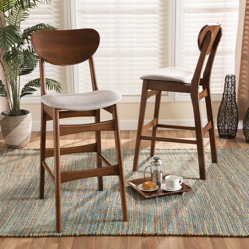 Baxton Studio Katya Bar Stool with Grey Cushion in Walnut Brown (Set of 2), , large