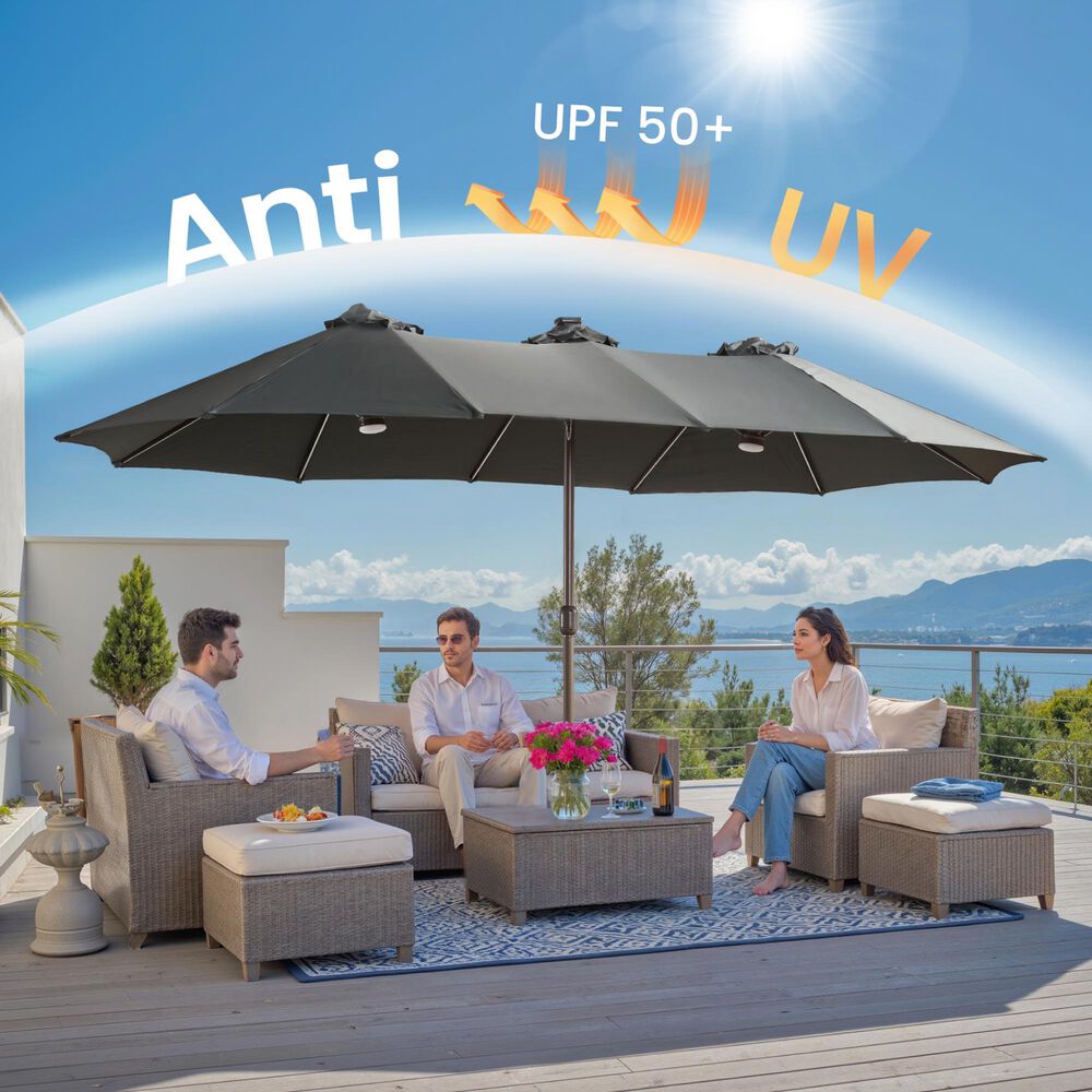 HOMLUX 15' Outdoor Market Umbrella with RGB Lights and Sandbags Base in Dark Grey, , large