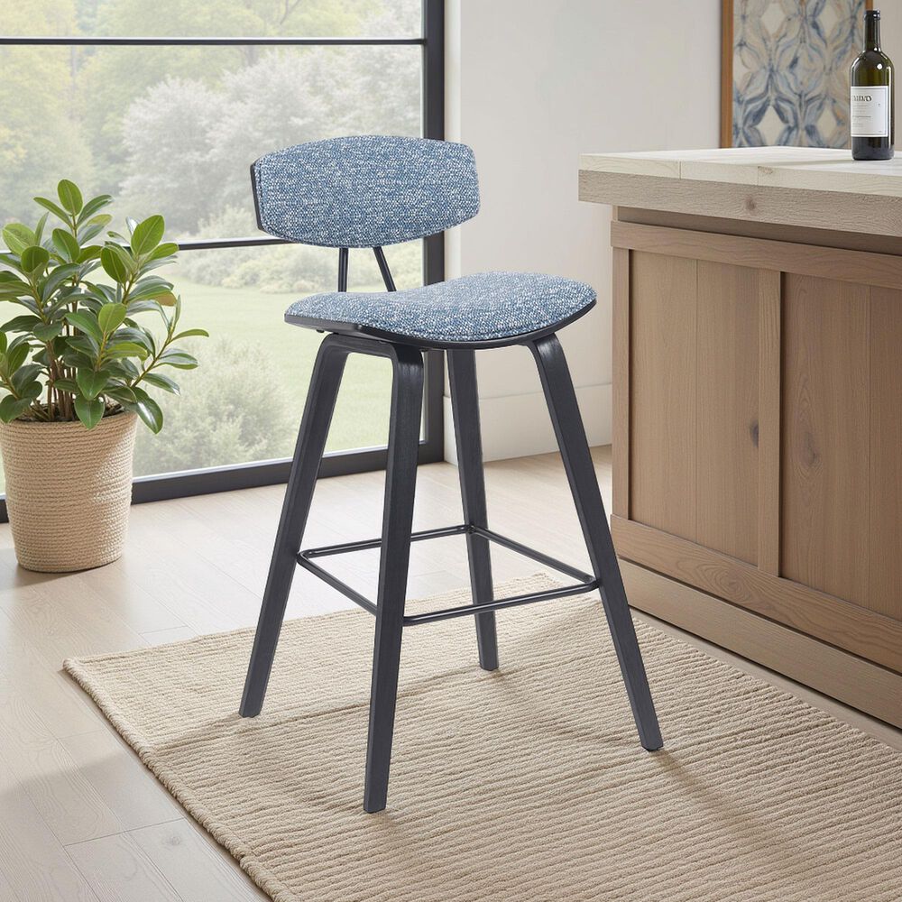 Armen Living Fox Bar Height Stool with Speckled Blue Upholstery in Black Brushed, , large