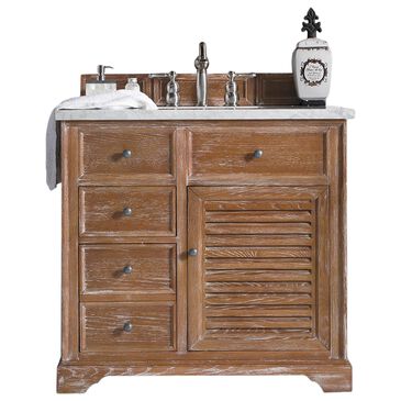 James Martin Savannah 36" Single Bathroom Vanity in Driftwood with 3 cm Carrara White Marble Top and Rectangular Sink, , large