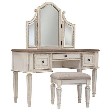 Signature Design by Ashley Realyn Vanity with Mirror and Stool in Chipped White and Brown, , large