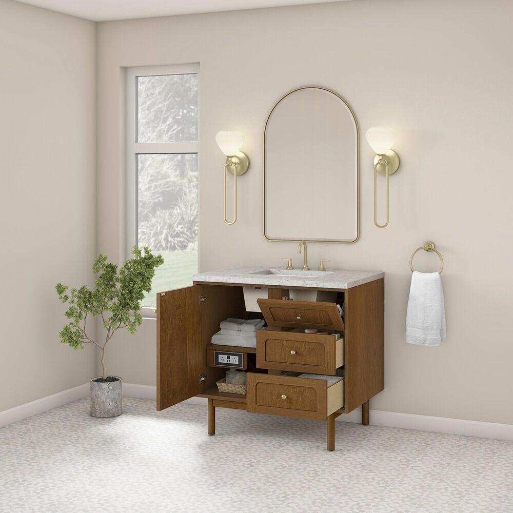James Martin Laurent 36" Single Bathroom Vanity in Honey Oak with 3 cm Eternal Jasmine Pearl Silestone Top and Rectangular Sink, , large