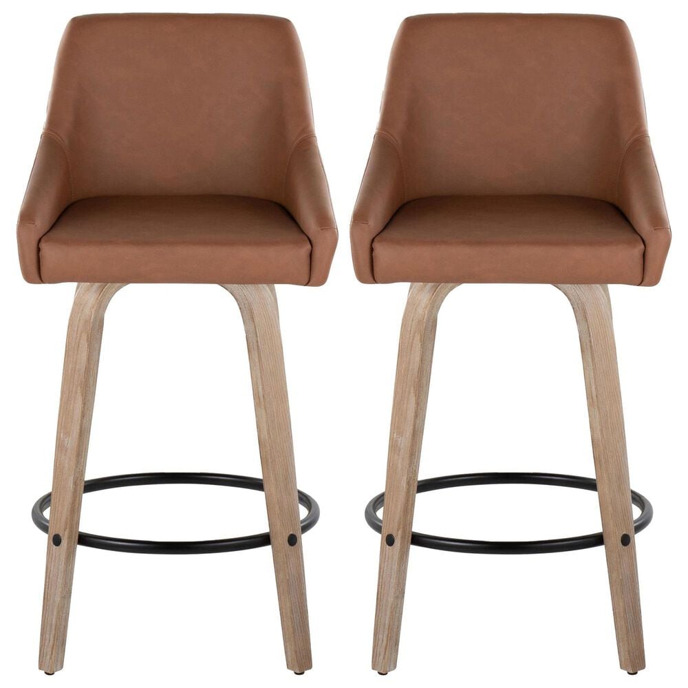 LumiSource Hannah Swivel Counter Stool with Camel Faux Leather Upholstery in Whitewashed and Black (Set of 2), , large