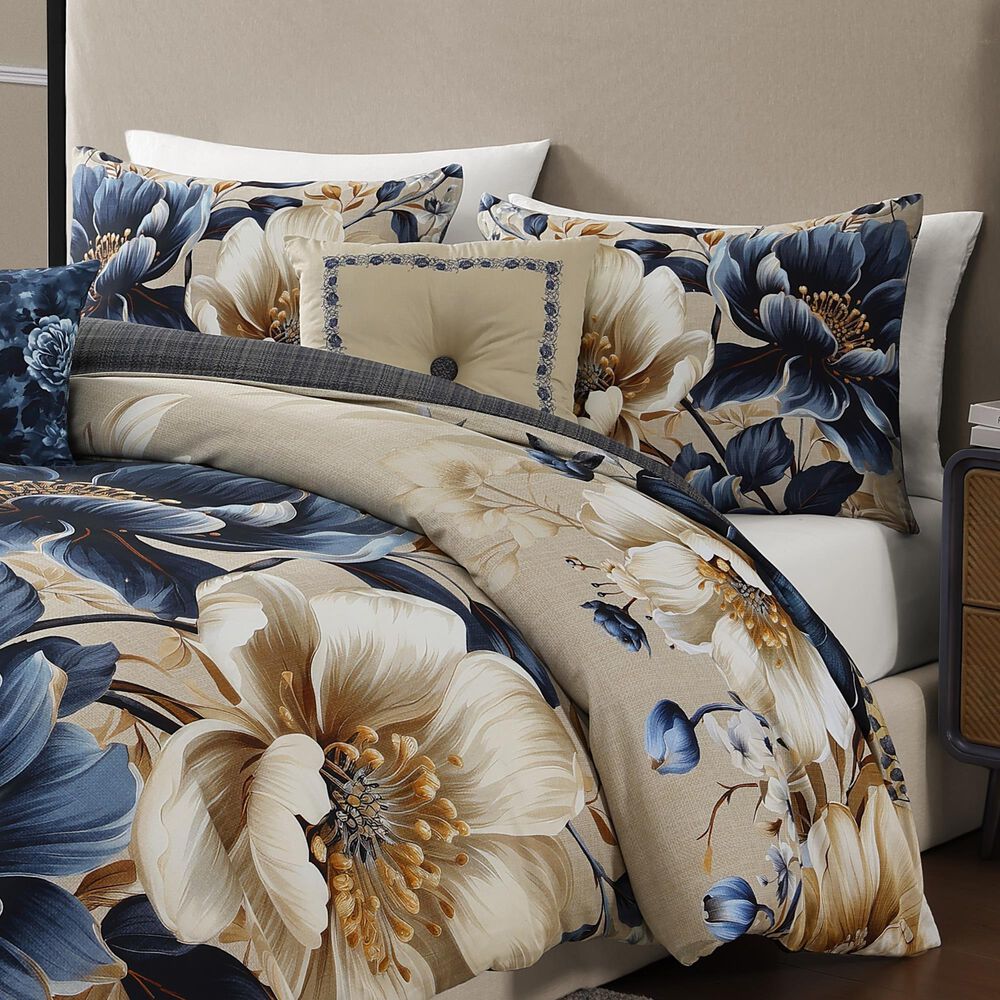 Bebejan English Manor 5-Piece Queen Reversible Comforter Set in Steel Blue, Soft Beige and Creamy Ivory, , large