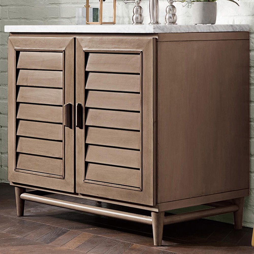 James Martin Vanities Portland 36&quot; Single Bathroom Vanity in Whitewashed Walnut with 3 cm Carrara White Marble Top and Rectangular Sink, , large