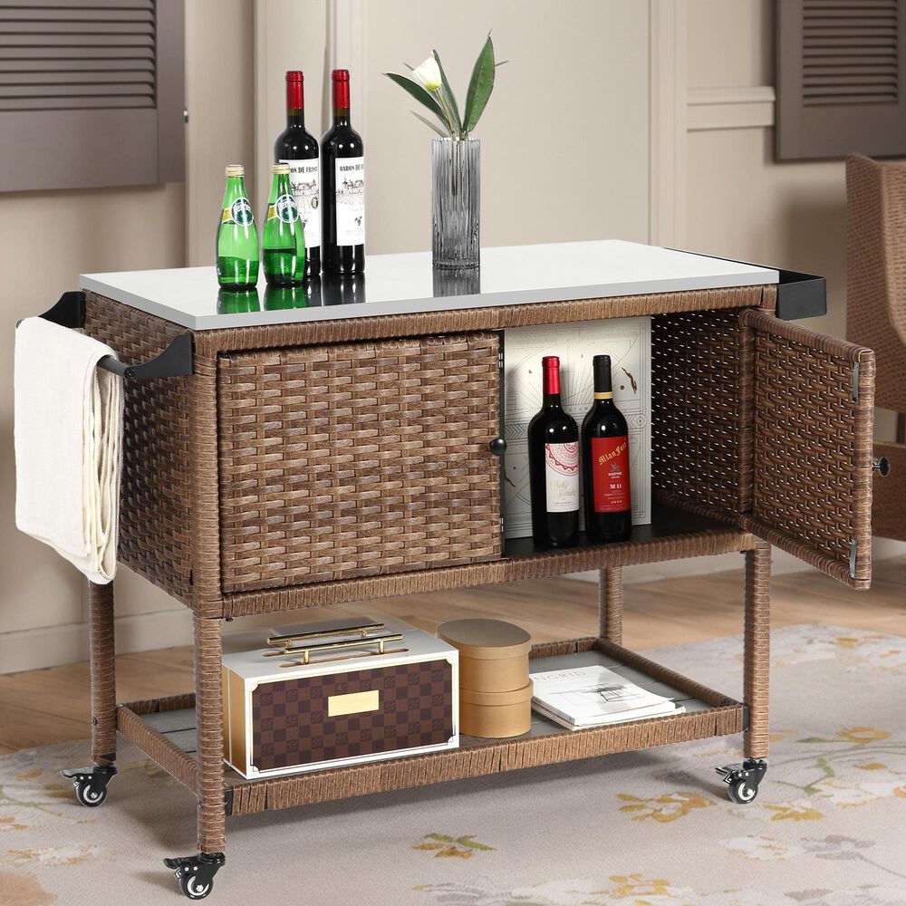 Hearth and Haven Outdoor Wicker Bar Cart with Glass Top in Brown, , large