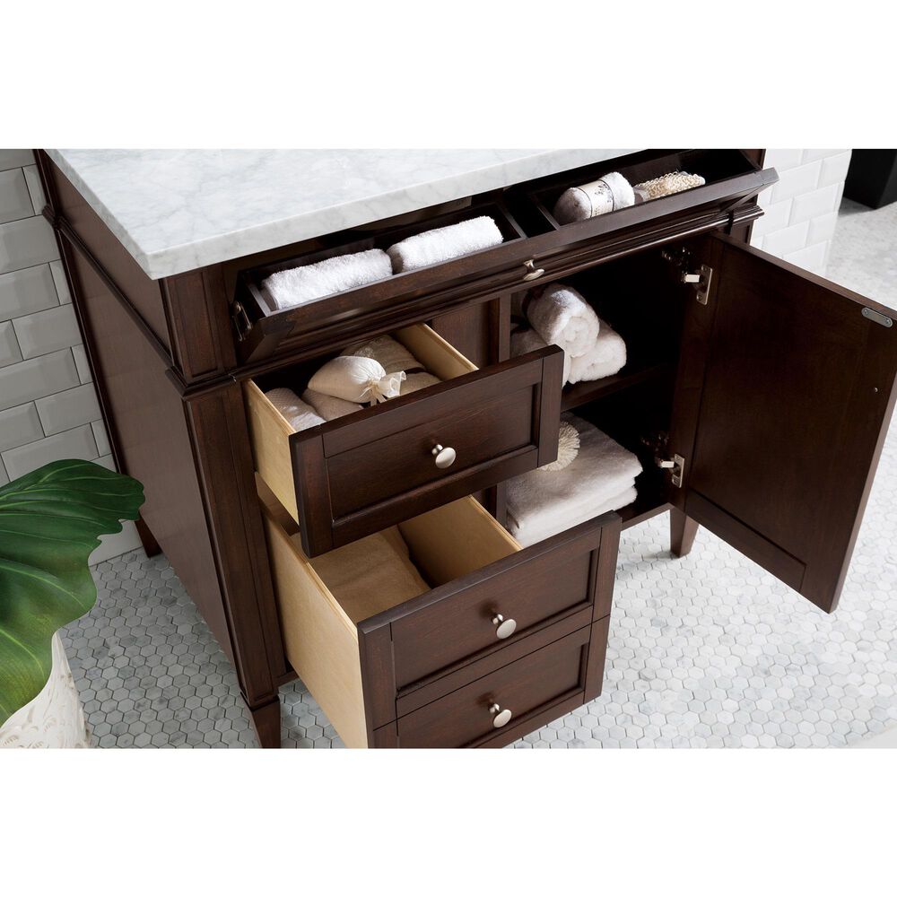 James Martin Vanities Brittany 36&quot; Single Bathroom Vanity in Burnished Mahogany with 3 cm Carrara White Marble Top and Rectangle Sink, , large