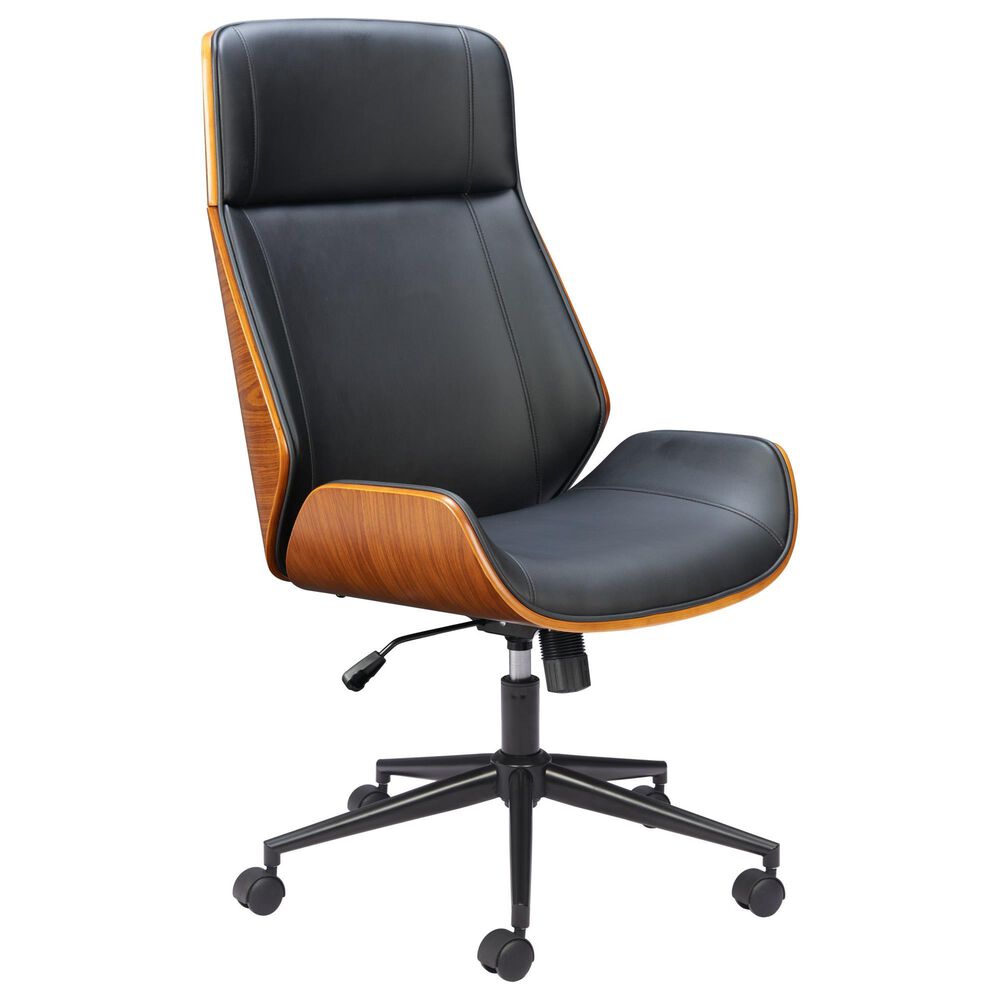 Zuo Modern Flex High Back Office Chair with Black Faux Leather in Black and Walnut, , large