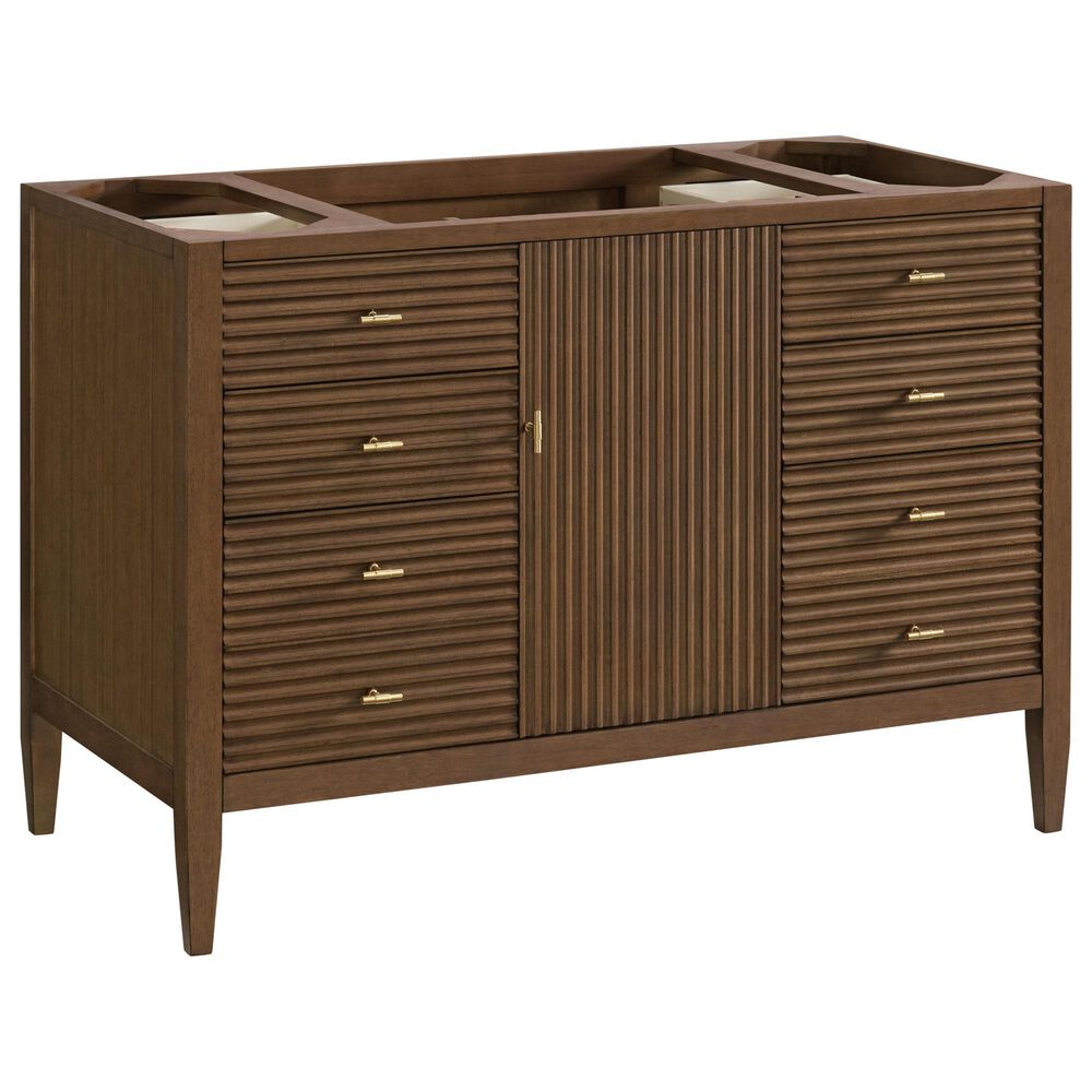 James Martin Vanities Myrrin 48" Single Bathroom Vanity in Mid-Century Walnut with 3 cm Eternal Jasmine Pearl Silestone Top, Rectangular Sink and FreePower Wireless Charger, , large