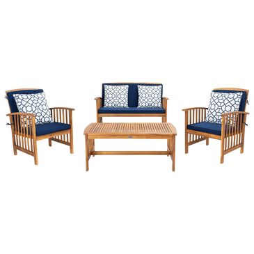 Safavieh Barrow 4-Piece Patio Chat Set with Blue and White Cushion in Natural, , large