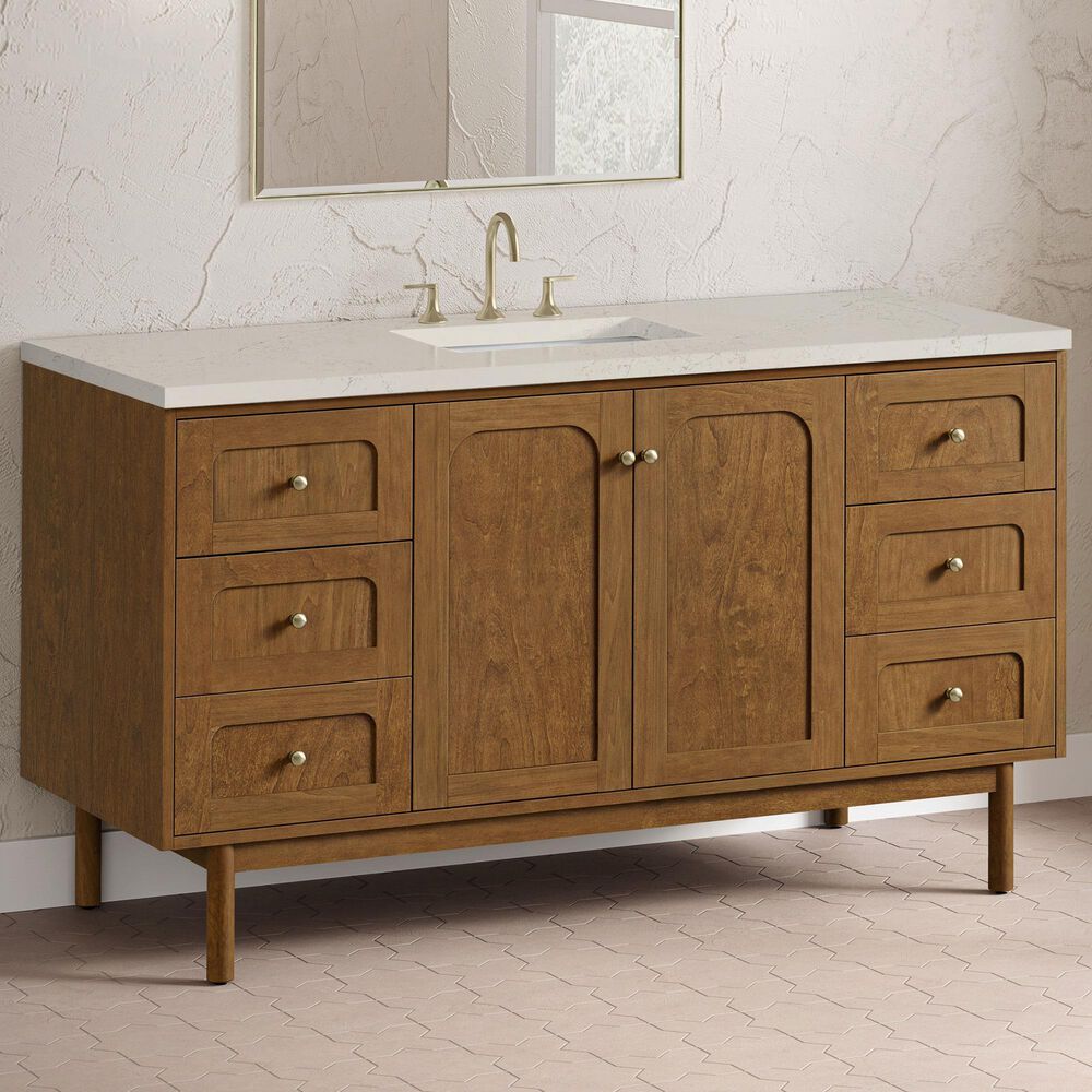 James Martin Laurent 60" Single Bathroom Vanity in Honey Oak with 3 cm Siberian Silestone Top, Rectangular Sink and FreePower Wireless Charger, , large