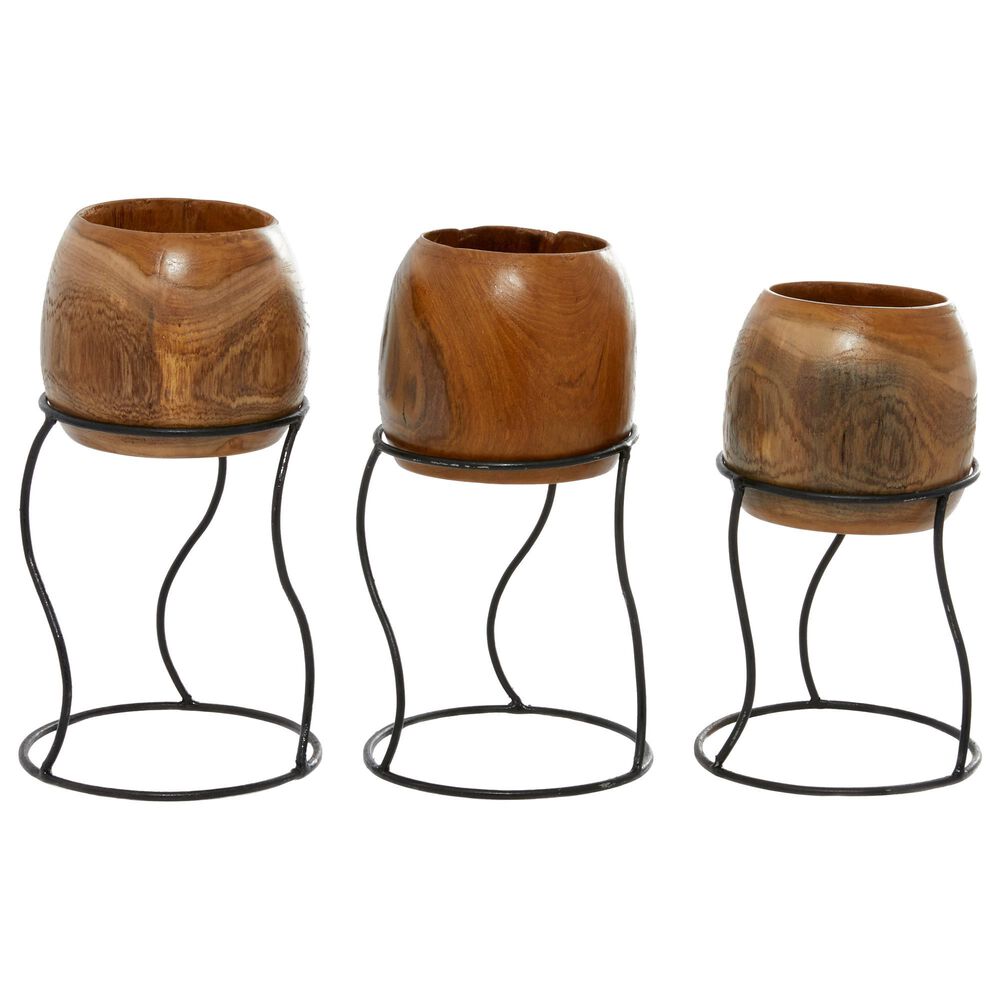 Maple and Jade Rustic Wood Vase with Iron Stand in Brown and Black &#40;Set of 3&#41;, , large