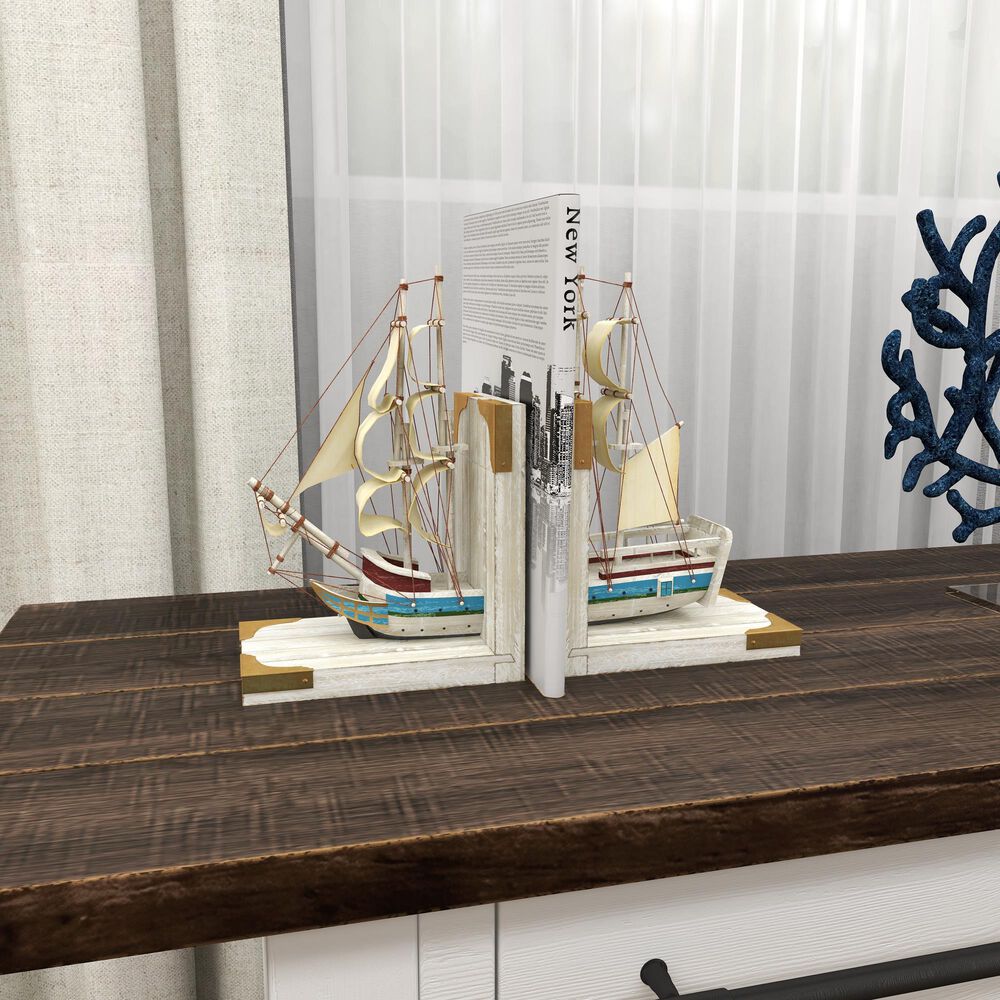 Maple and Jade Coastal Sail Boat Bookends in White Washed, Gold and Blue &#40;Set of 2&#41;, , large