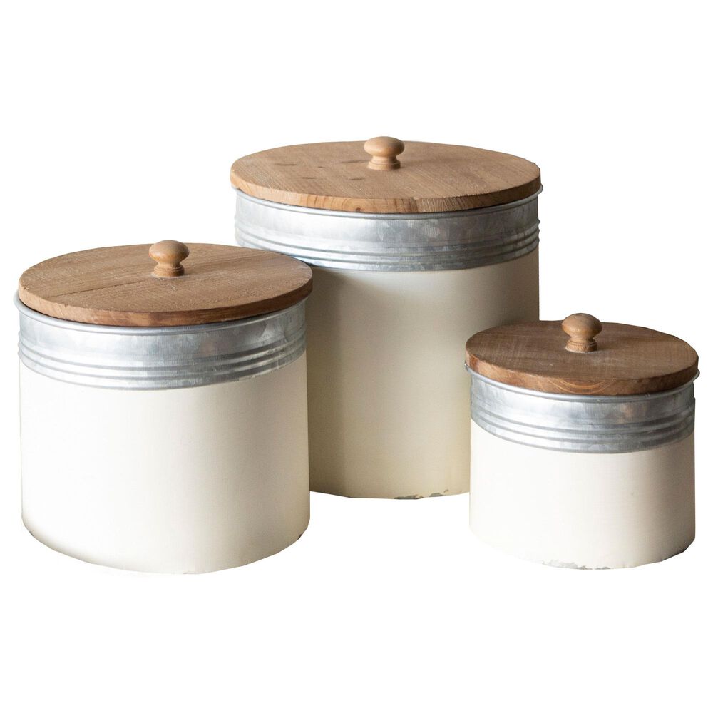 VIP Home and Garden Metal Canister with Wood Lids in White and Brown (Set of 3), , large