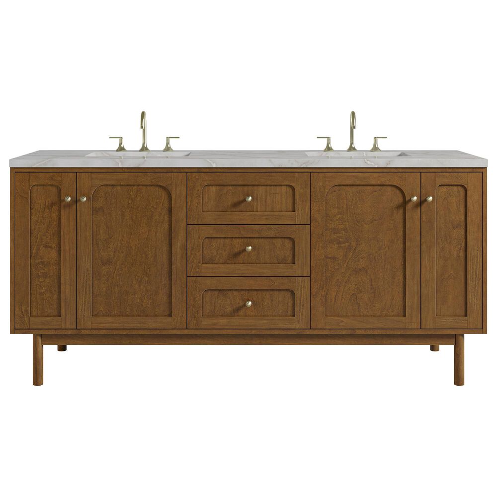 James Martin Laurent 72" Double Bathroom Vanity in Honey Oak with 3 cm Victorian Silver Silestone Top, Rectangular Sinks and FreePower Wireless Charger, , large