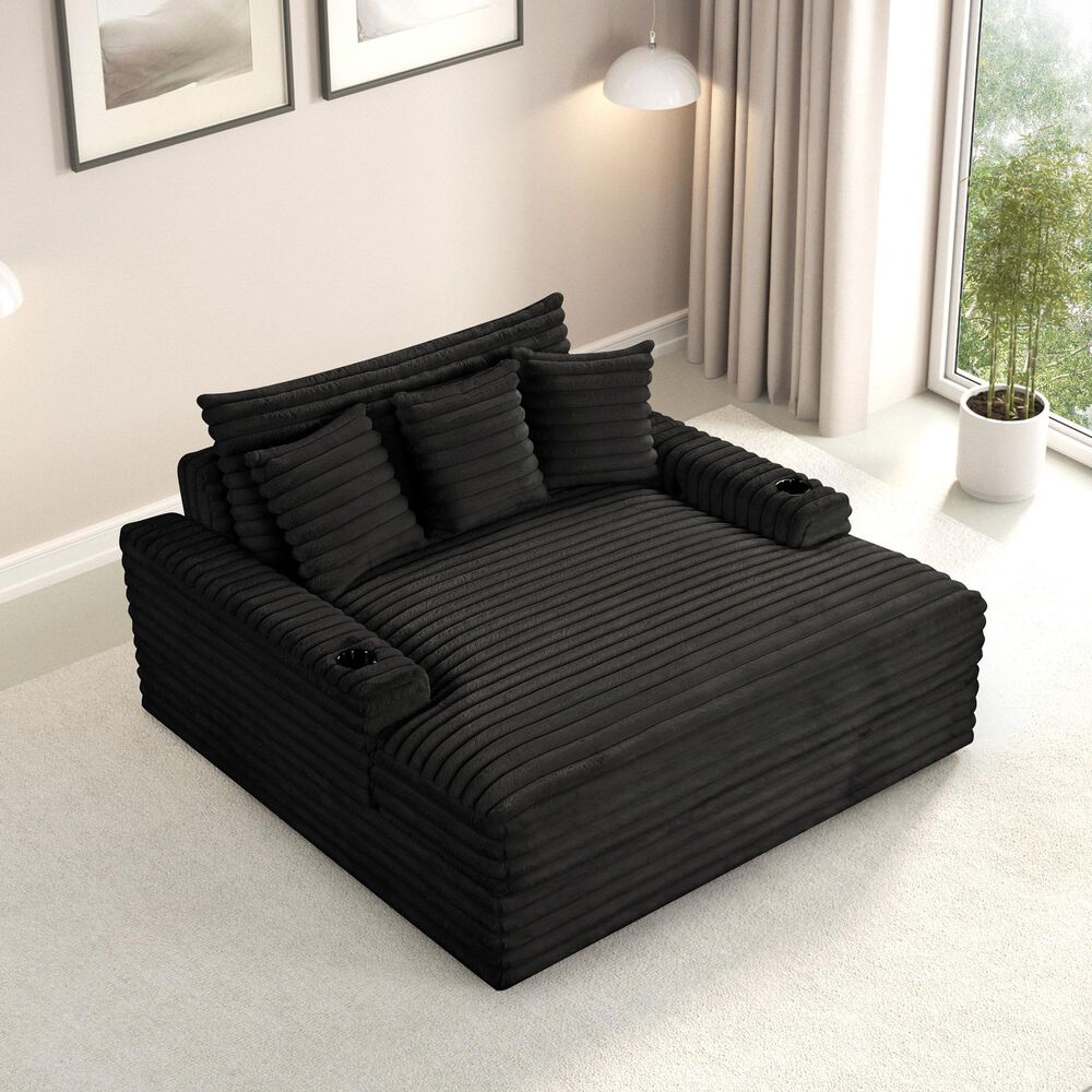 Furniture of America Tavedestrand Oversized Chaise Lounger with Cupholders and USB Ports in Black, , large