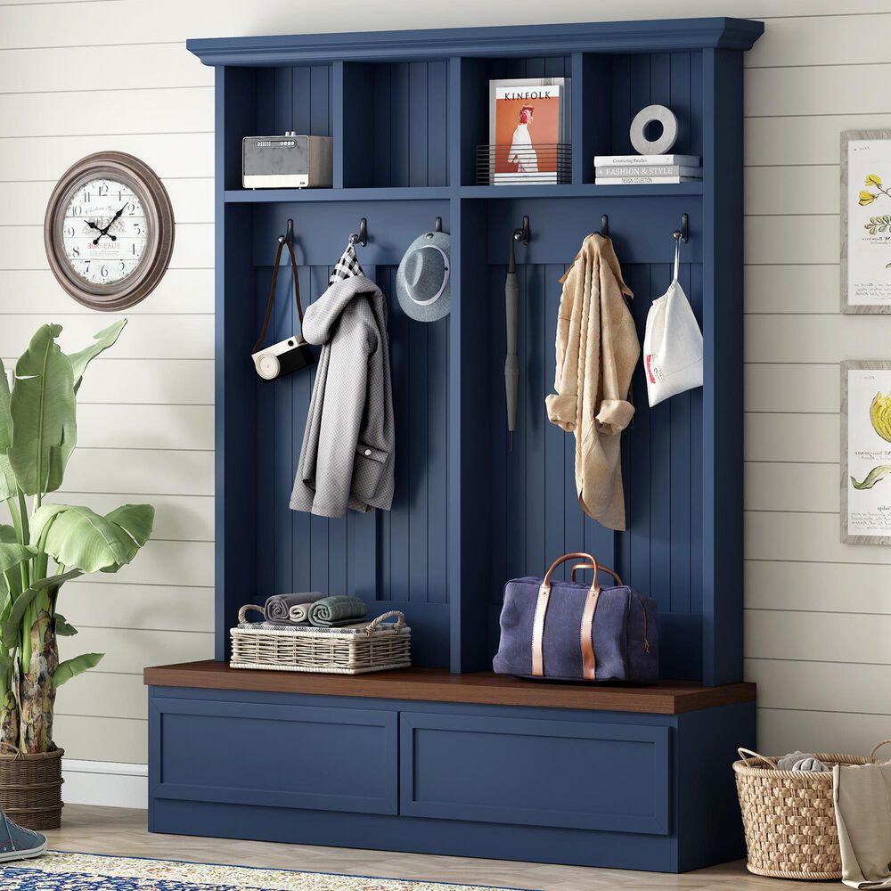 HOMLUX 6-Hook Hall Tree with Wood Grain Bench in Blue, , large