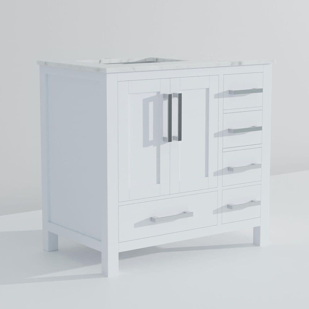 Lexora Home Jacques 36&quot; Left Offset Single Bathroom Vanity in White with 2 cm White Carrara Marble Top and Rectangular Sink, , large