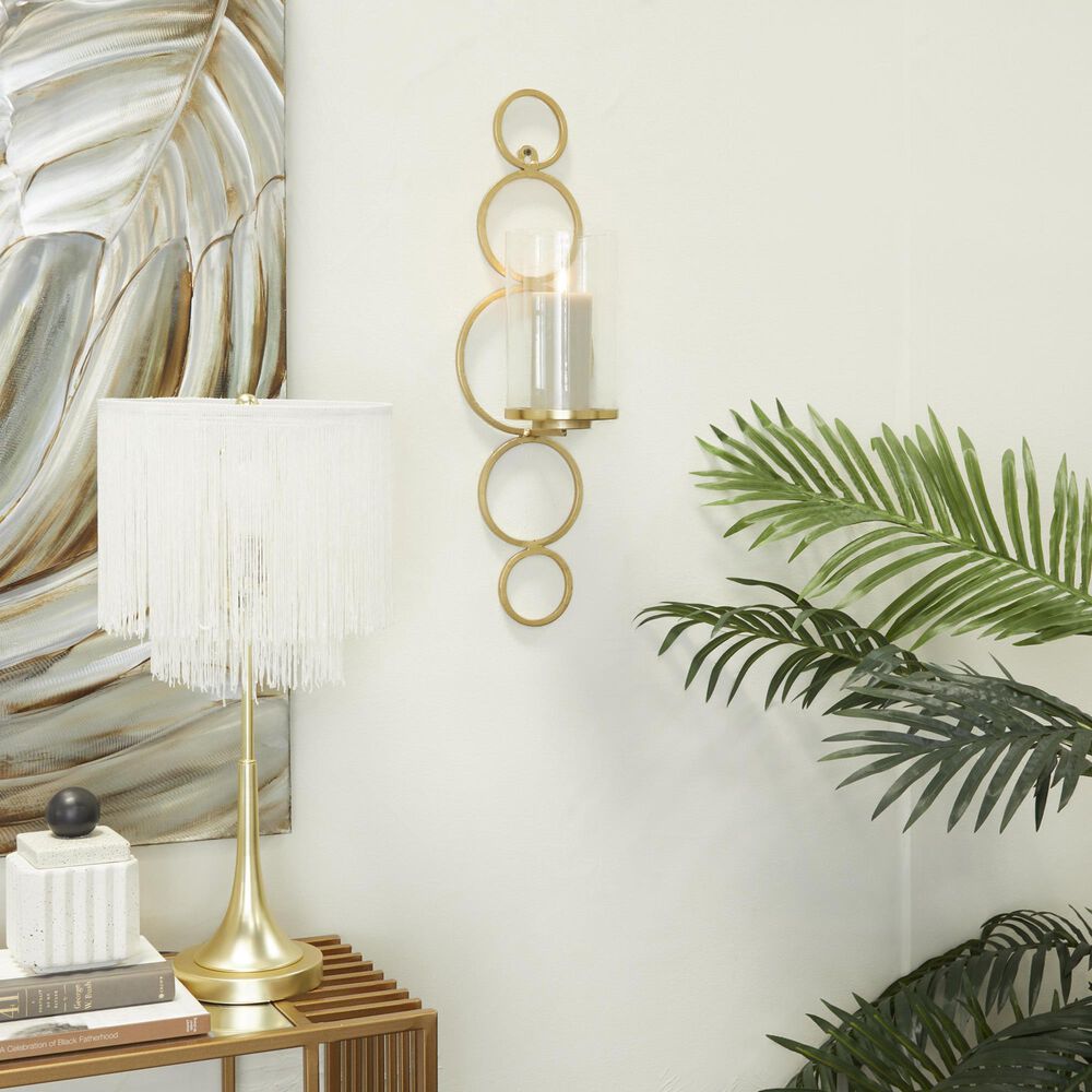 Maple and Jade 25&quot; Stacked Circle Single Indoor/Outdoor Wall Mount Candle Holder in Satin Gold and Clear, , large