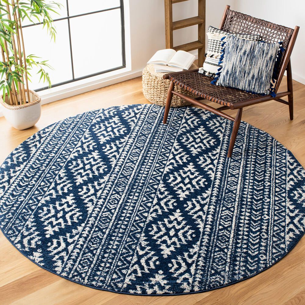 Safavieh Tulum Bohemian 6&#39;7&quot; Round Navy and Ivory Area Rug, , large