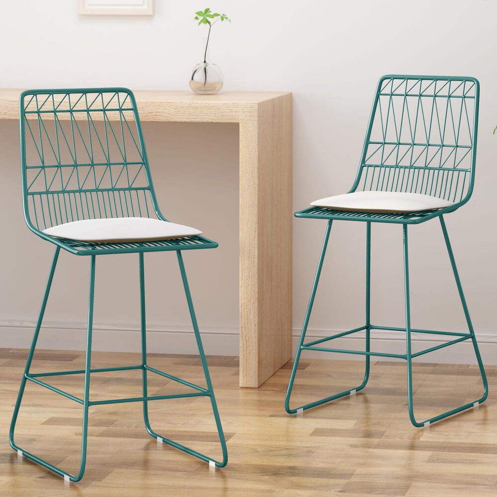 Hearth and Haven Niez Outdoor Counter Stool with Ivory Cushion in Teal &#40;Set of 2&#41;, , large