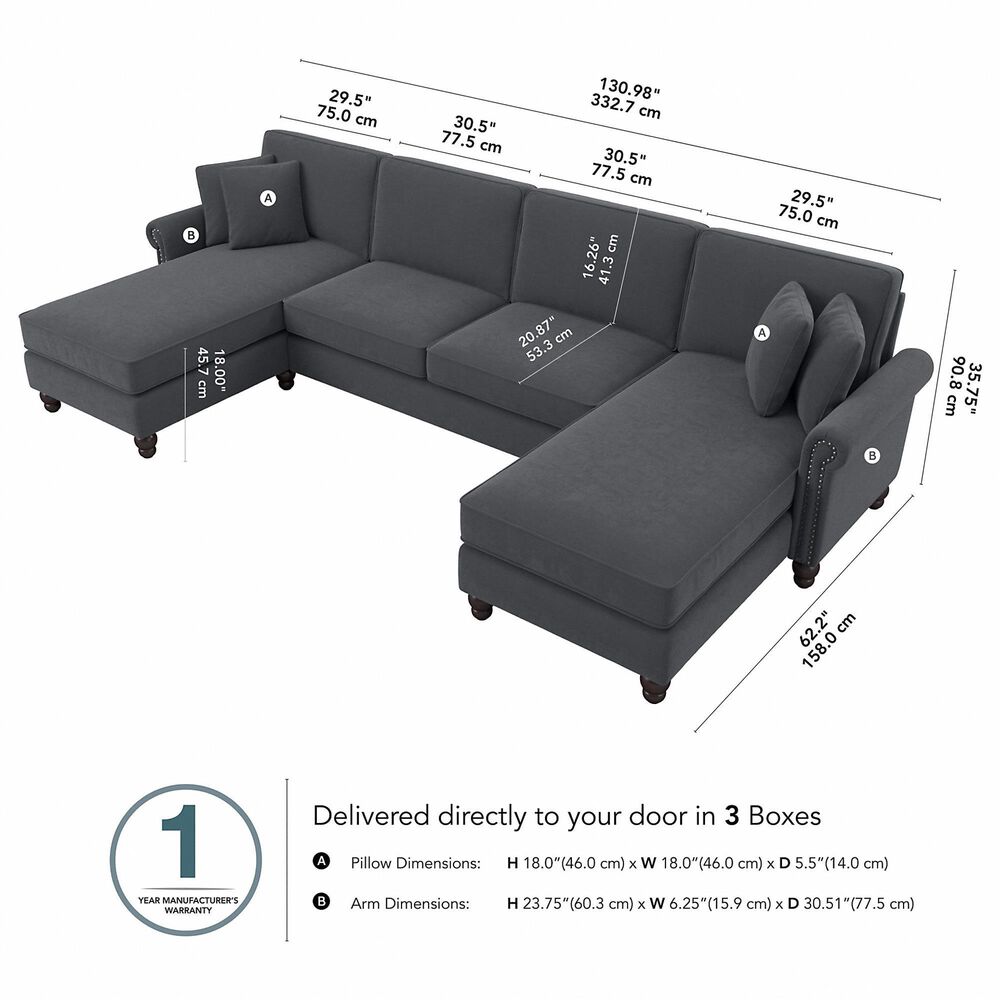 Bush Coventry 3-Piece 131&quot; Double Chaise Sectional in Dark Gray, , large