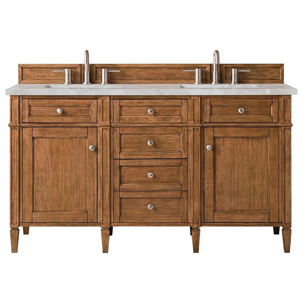 James Martin Vanities Brittany 60" Double Bathroom Vanity in Saddle Brown with 3 cm Victorian Silver Quartz Top and Rectangular Sinks, , large