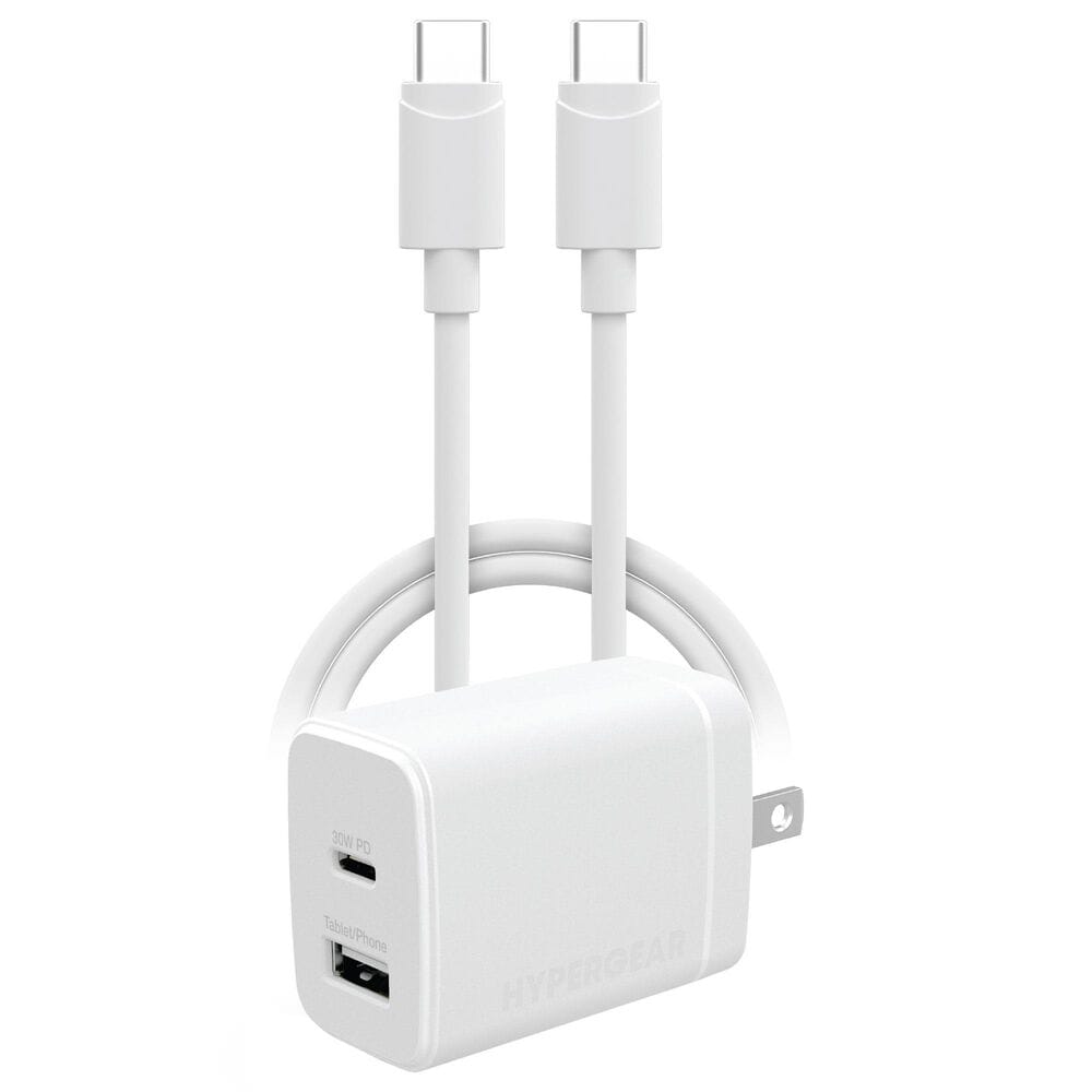 Hypercel 30W PD Dual Wall Charger + USB-C to USB-C Cable in White, , large