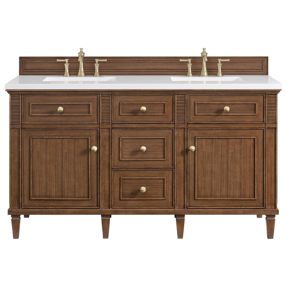James Martin Vanities Lorelai 60" Double Vanity in Mid-Century Walnut with 3 cm White Zeus Quartz Top, , large
