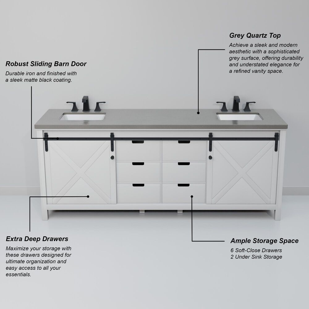 Lexora Home Marsyas 84" Double Bathroom Vanity in White with Grey Quartz Top and Rectangular Sinks, , large