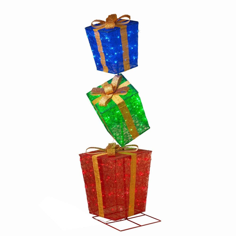 The Gerson Company 72" Tall Electric 3-Stacked Lighted Christmas Presents in Multicolor, , large