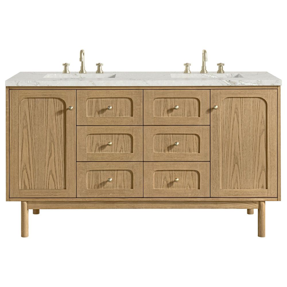 James Martin Vanities Laurent 60" Double Bathroom Vanity in Light Natural Oak with 3 cm Victorian Silver Quartz Top and Rectangular Sinks, , large