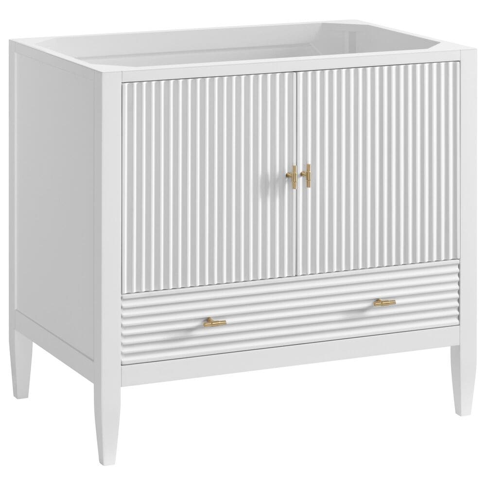 James Martin Vanities Myrrin 36&quot; Vanity in Bright White with Single Hole 3 CM White Zeus Quartz Top &amp; Backsplash, , large
